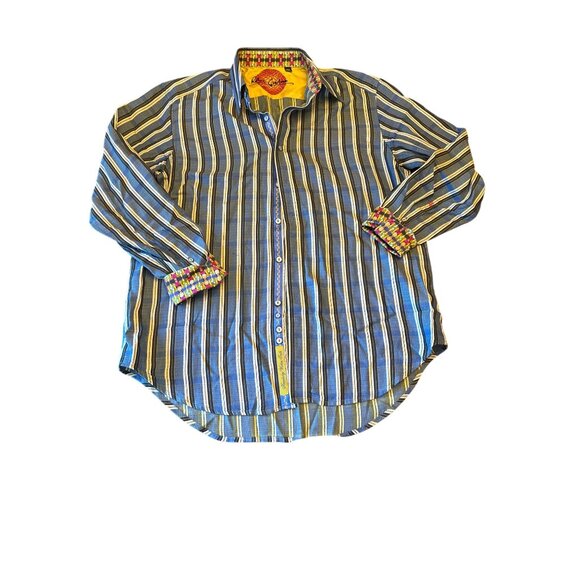 Robert Graham Mens Striped Button-Up Shirt M Blue Contrast Cuffs Modern - Picture 1 of 6